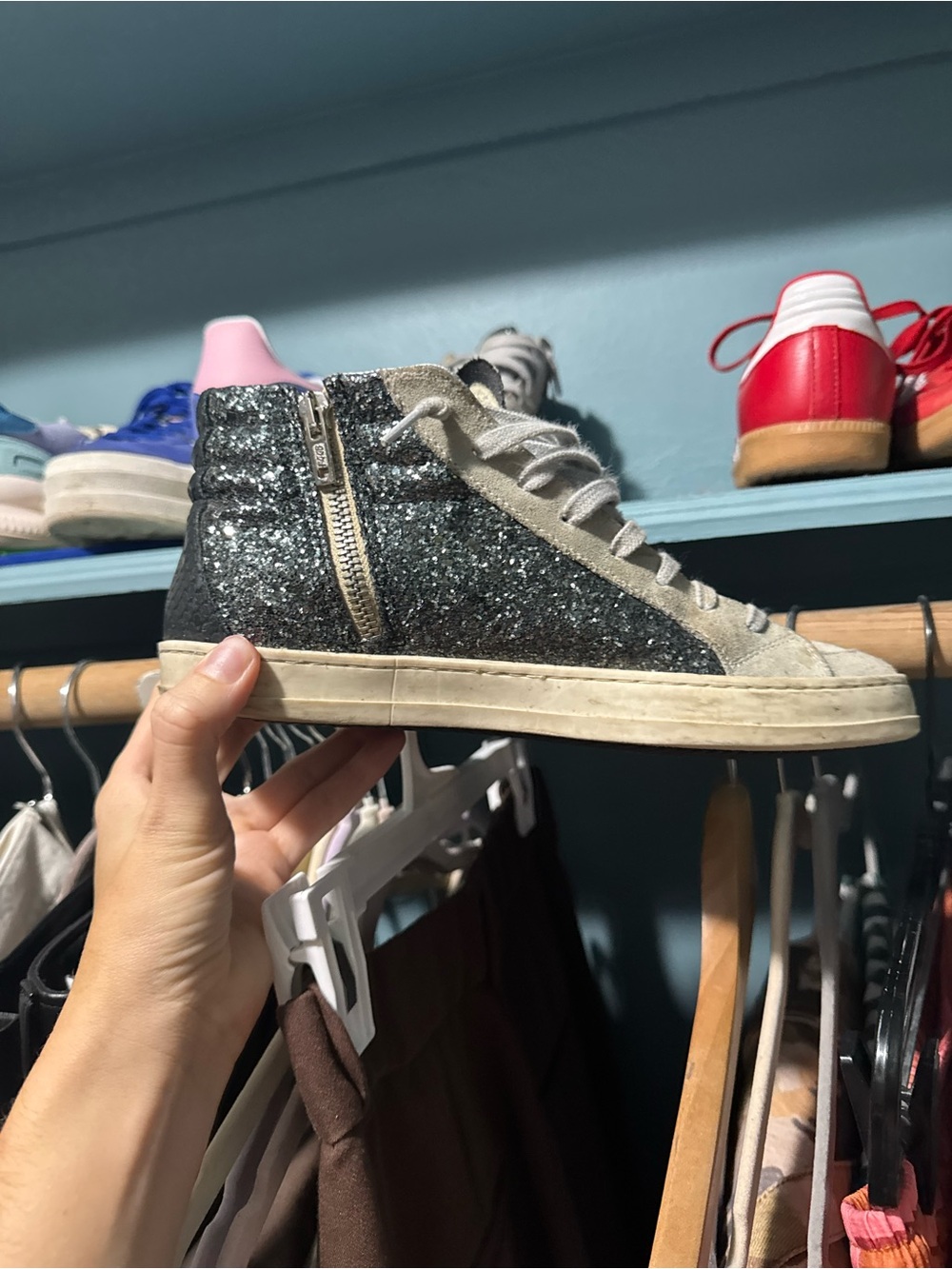 P448 Black Glitter High-Top Sneaker with Gray Suede Trim